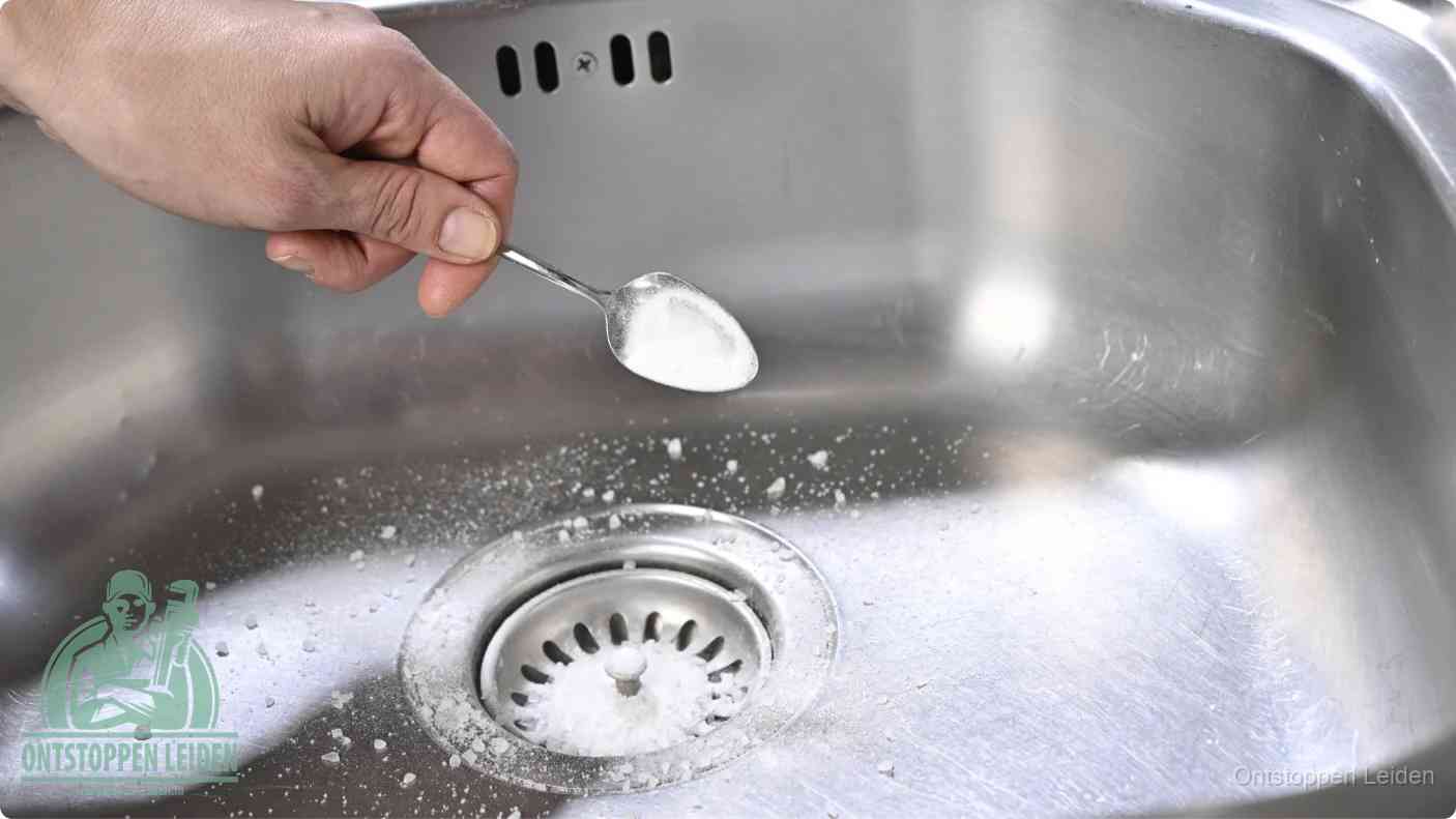 Een hand strooit met een lepel soda in de afvoer van een roestvrijstalen spoelbak, de soda en azijn huismiddel-methode om de afvoer te ontstoppen in Leiden