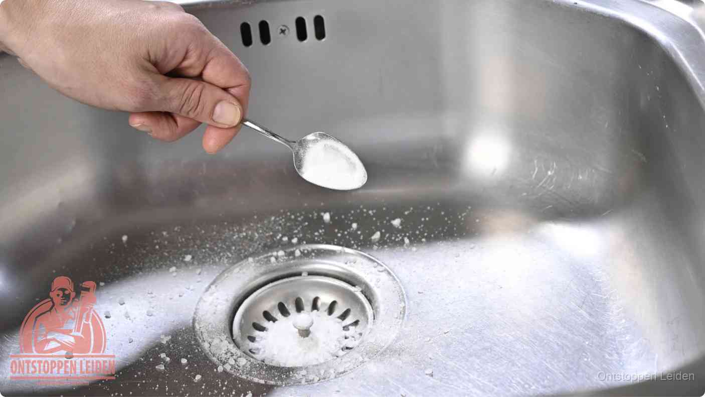 Een hand strooit met een lepel soda in een afvoerputje, de soda en azijn huismiddel-methode om de wc te ontstoppen in Leiden