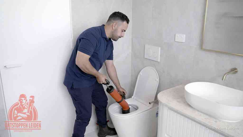 Een monteur gebruikt een handmatige perspomp (toiletontstopper) op een wandcloset tijdens het professioneel wc ontstoppen in Leiden
